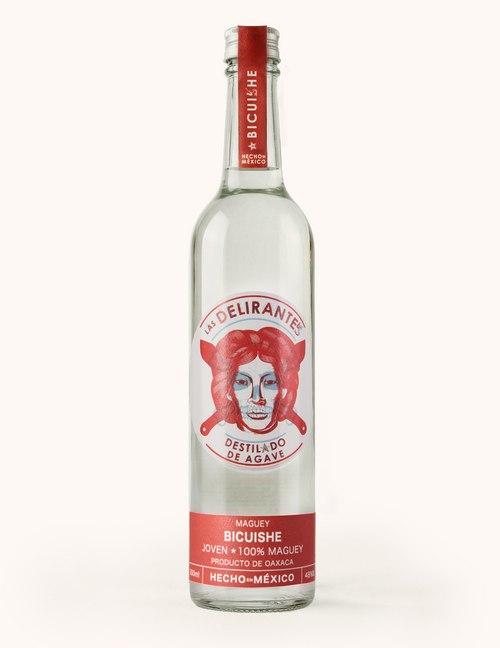 botella de mezcal las delirantes maguey bicuishe producido en oaxaca